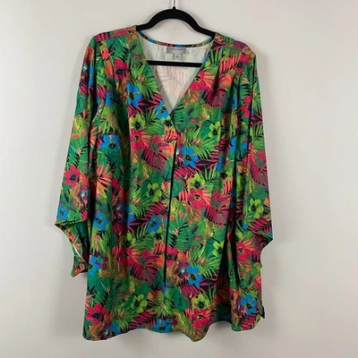 Catherines V-Neck Angel Sleeve Blouse Size 2X Green Multi Floral Tropical Print - Image 1 of 4