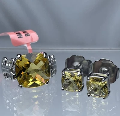 Новый! Желтый подушка огранки кольцо серебристого тона B/M меди коктейль размер 7 и серьги - Изображение 1 из 4