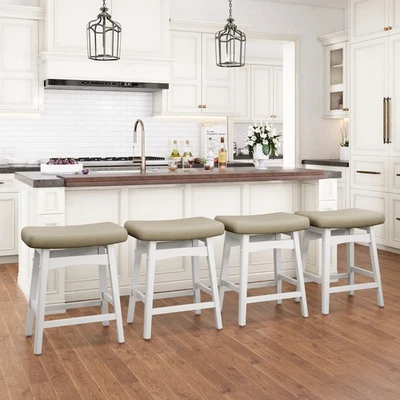 24" Bar Stools Set of 4/3/2/1 Counter Height Saddle Stools White Solid Wood Legs - Image 1 of 4