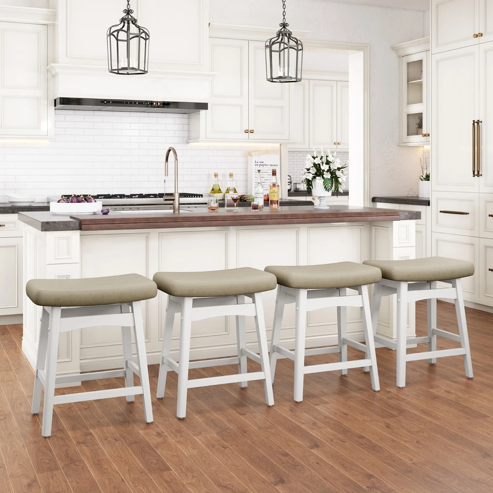 24" Bar Stools Set of 4/3/2/1 Counter Height Saddle Stools White Solid Wood Legs - Image 1 of 4