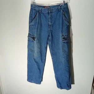 Brittania Jeans Vintage 90Men's 32x29 Baggy Cargo Pants Blue Denim Extra Pockets - Picture 1 of 13