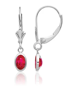 14K Solid White Gold Oval Ruby Dangle Earrings - Picture 1 of 11