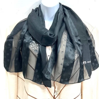 Mila Schön Women’s 100% Silk Black Metalic Chiffon /Satin Scarf Shawl 64'X17(39 - Image 1 of 4