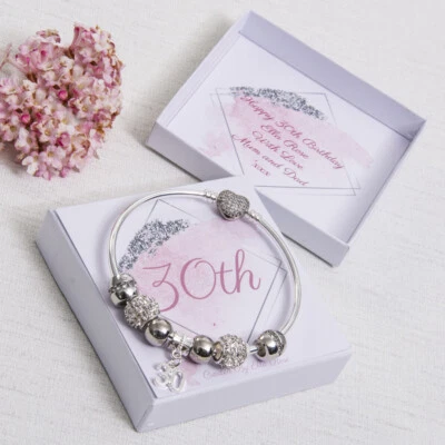 Ladies 30th Birthday Gift Charm Bracelet 18th 21st 40th 50th 60th Personalised - Image 1 of 4