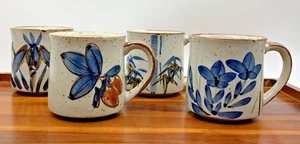 Set of 4 Vintage Otagiri Style Speckled Stoneware Blue Flower Coffee Mugs Cups - Picture 1 of 12