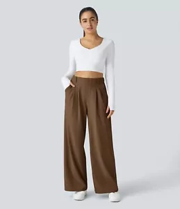 Halara High Waisted Side Pocket Wide Leg Work Pants in Taupe Size LG NWT - Picture 1 of 6