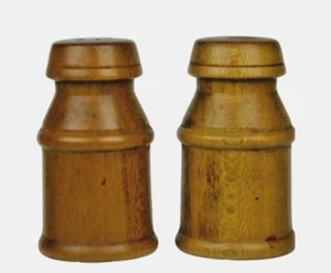 Salt and Pepper Shakers Vintage Milk Can Shaped Cherry Wood 3 1/4" Tall 60's  - Picture 1 of 4