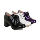 Wmens Patent Leather Lace up Mid Block Heel Round toe Casual Oxfords Shoes