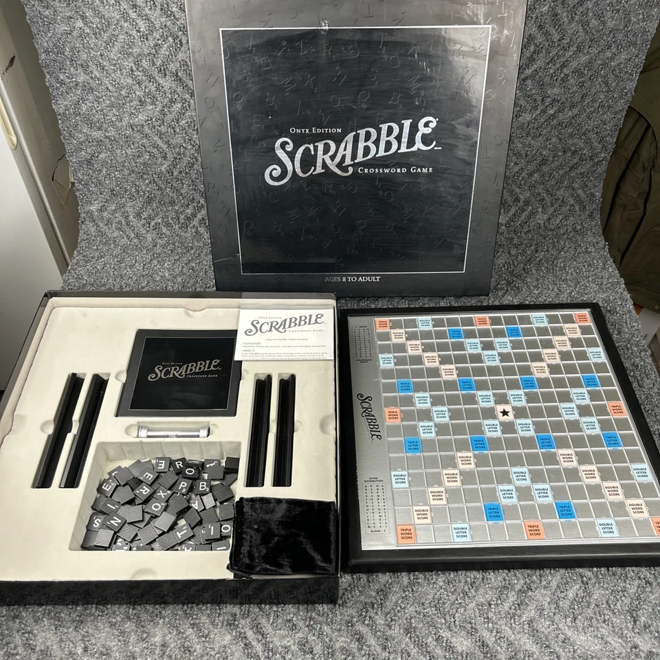 Scrabble Word Game "Onyx Edition" Rotating Gameboard Black Tiles 100% Complete - Image 1 of 4