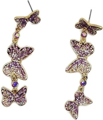Pendientes Mariposa Betsey Johnson Cristales Lavanda y Oro Rosa Largo Cuelga Foto 1 de 3