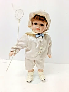 Anco Porcelain Girl Doll 12" With Stand With Fishing Net Green Eyes Brown Hair - Picture 1 of 9