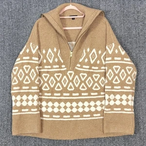 Maglione J Crew donna L/XL marrone relaxed mezza zip in maglia geometrica BD643 - Foto 1 di 13