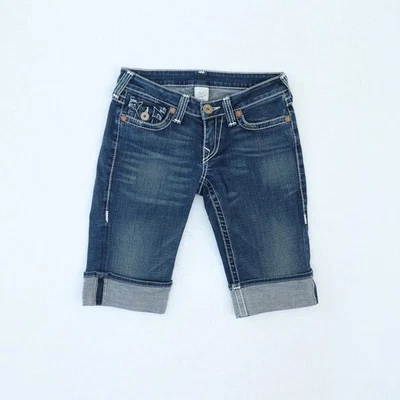 True Religion Josie Shorts Women's 28 Blue Dark Wash Denim Cuffed Flap Pockets - Image 1 of 4