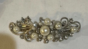 Vintage Faux Pearl & Rhinestone Hair Barrette Clip Silver Tone - Picture 1 of 2