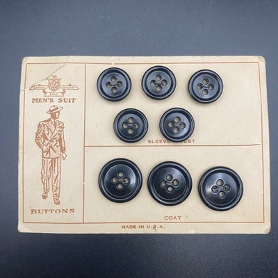 Vintage Mens Suit Buttons Original Card Made USA 8 Black 1940-1950s Plastic - Image 1 of 4