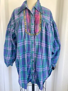 Blouse Vtg 80's 90's Colorful Billowy Cotton Embroidered Trim Blouse M Nepal - Picture 1 of 5