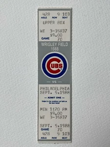 Boleto completo 1988 Philadelphia Phillies at Chicago Cubs 9/5/88 Ryne Sandberg 2/5 - Imagen 1 de 2