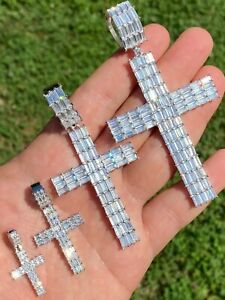 Solid 925 Sterling Silver Cross Pendant Baguette Iced CZ Necklace Hip-Hop