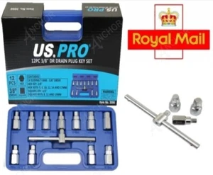 Drain Plug Key Socket Set Axle Oil Sump Spanner 3/8" Drive Cars Vans Bikes 12pc - Picture 1 of 3
