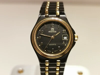 VINTAGE RARE BEAUTIFUL TWO TONE BLACK PVD 24mm LADIES QUARTZ WATCH "ATLANTIC"  - Image 1 of 4
