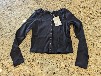 Monki 女式长袖纽扣前罗纹作物上衣黑色 S 码 — 第 1/4 张图片