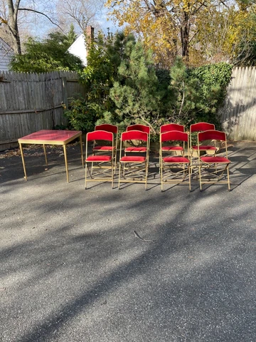 VINTAGE 8 Velvet Folding Chairs w/ 2  Tables Fritz & Co. - RARE RED Cover