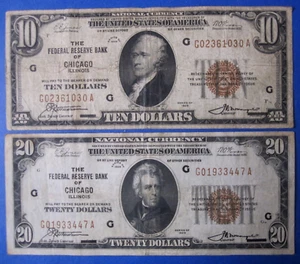 (Lot of 2 Different) 1929 $10 and $20 Federal Reserve Bank Notes Chicago, Ill. - Picture 1 of 2