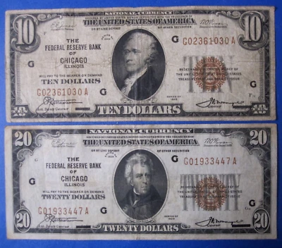 (Lot of 2 Different) 1929 $10 and $20 Federal Reserve Bank Notes Chicago, Ill. - Image 1 of 2
