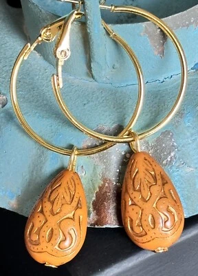 Beautiful Etched Burnt Orange & Gold Dangle Lever back Hoop Earrings. - Image 1 of 3