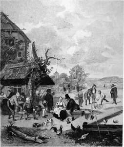 JOUEURS de QUILLES - Estampe avec cuvette d'impression (peinture de Jan Steen) - Imagen 1 de 2