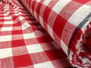 Gingham Linen Checked Fabric Plaid Squared Material 140cm wide RED White - Picture 1 of 9