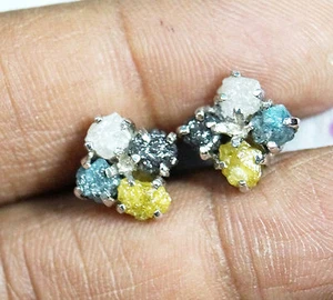 4.22 tcw Blue raw diamond earring White, Black yellow Diamond 925 silver earring - Picture 1 of 5