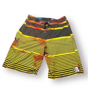 Volcom Yellow Red Striped Board Shorts Size 32" 4 Way Stretch Trunks Retro Y2K - Picture 1 of 6
