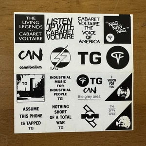 RARE VINTAGE 16 STICKER SHEET - CABARET VOLTAIRE & THROBBING GRISTLE - UNUSED - Foto 1 di 2