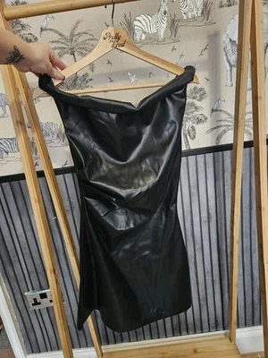 Rebellious Size M Black Faux Leather Mini Dress Off Shoulder Cowl Neck - Image 1 of 3