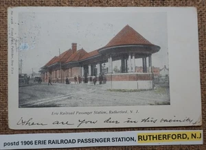 postd 1906 ERIE RAILROAD PASSENGER STATION, RUTHERFORD, N.J Postcard LITHO COLOR - Picture 1 of 2