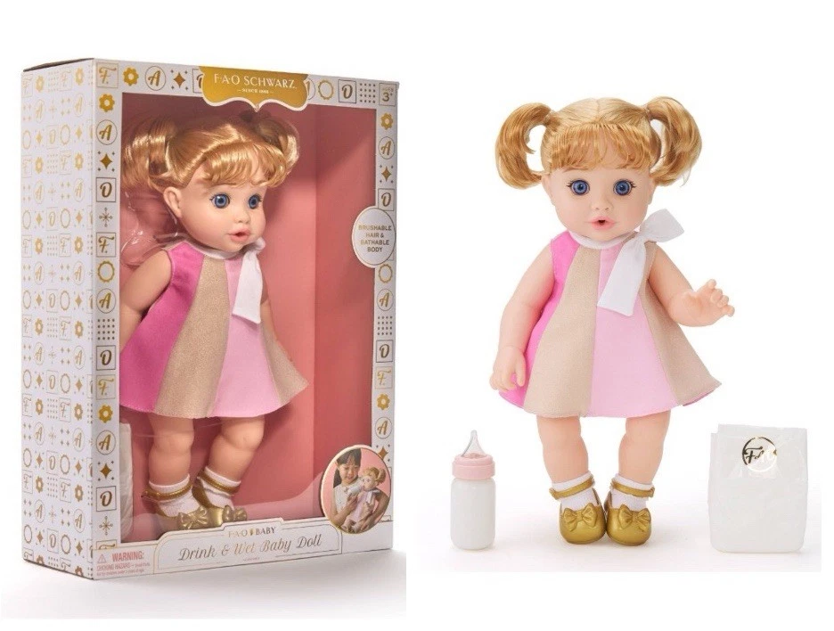 FAO Schwarz Drink and Wet Baby Doll with Brushable Hair and Bathable Body