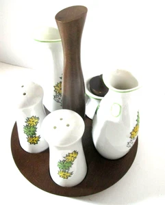 Vintage Floral Ceramic Condiment Set and Wood Caddy Japan - Picture 1 of 11