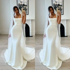 Abiti da sposa a sirena spalline bianco avorio raso spazzato treno abiti da sposa semplici - Foto 1 di 10