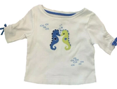 Camisa Gymboree Bebé Niñas 3-6 Meses Blanca Apliques Caballitos de Mar Estilo Isla Griega Foto 1 de 4