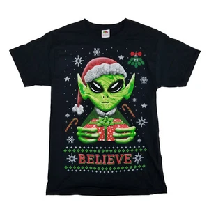 Camiseta para hombre negra Believe Space Alien Navidad Elfo Vacaciones - Imagen 1 de 1