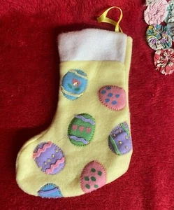 Small Easter Stocking Pale Yellow with Pastel Multicolor Egg Designs & Pocket - Picture 1 of 3
