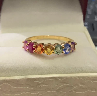 Half Eternity Multi Sapphire Wedding Band, Rainbow Sapphire Anniversary Ring - Image 1 of 4