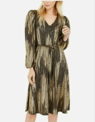 Calvin Klein Women's V Neck Long Sleeve Belted Glitter Party Dress Size 10 - Image 1 of 3