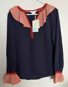 Camicia donna Boden 100% seta rosso navy con volant nuova con etichette taglia US4 UK8 - Foto 1 di 11