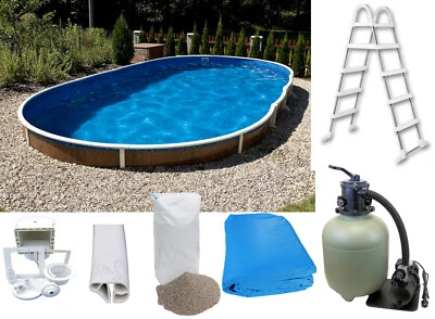 Stahlwandpool Pool Holzoptik 7,3 x 3,7 x 1,2 m Oval Leiter Skimmer Sandfilter - Bild 1 von 4