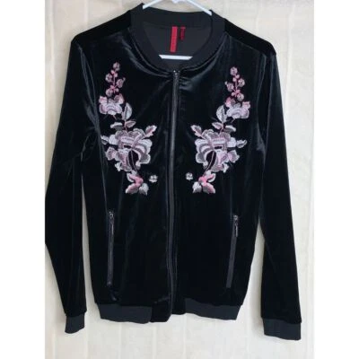 Love Scarlett Black Velvet Embroidered Jacket Full Zip Pockets Cozy Stretch S - Image 1 of 4