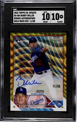 2023 Topps Chrome Update Bobby Miller RC AUTO Gold Wave Refr /50 SGC 10 Gem Mint - Image 1 of 2