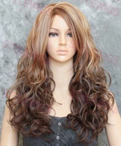 Peluca Mezcla de Cabello Humano Marrón Claro/Rubio Ombre Largo Suelto Rizos Ondulados Calor OK EVAM - Imagen 1 de 6