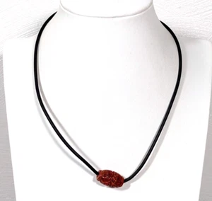 Beachy Boho Tribal Style Red Coral? Carved Charm Black Cord Necklace 16.5 in - Picture 1 of 9